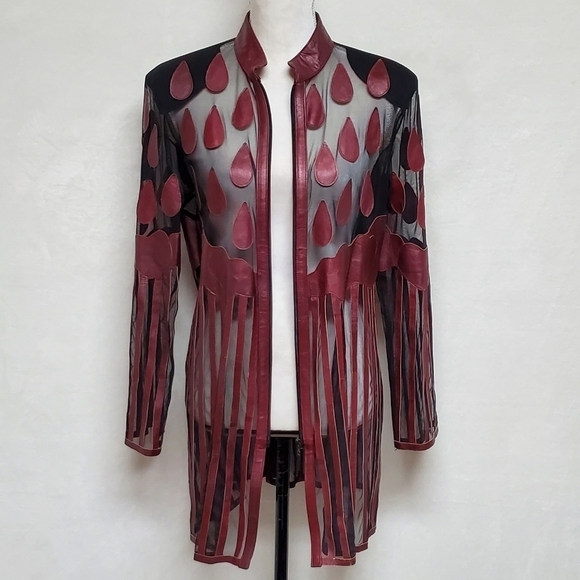 VINTAGE Stillman Studio Cognac Lamb Leather Teardrop Stripe Mesh Mini Dress Med - Picture 12 of 13